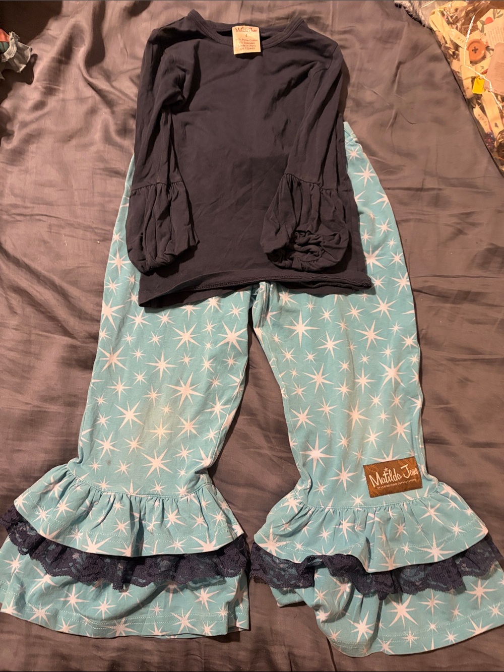 Matilda Jane Aqua Star Ruffle Pants with Navy Lace Trim